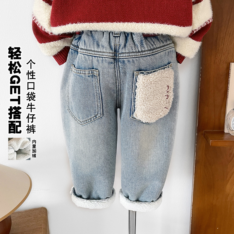 2025冬季新款童裤儿童个性口袋加绒浅蓝牛仔裤男童保暖长裤
