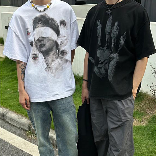 ZOZO FOREST “手绘系列”素描人像美式复古宽松短袖t恤
