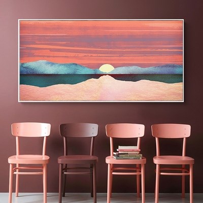 现代简约粉色抽象山脉日出日落风景装饰画客餐厅卧室背景墙壁挂画