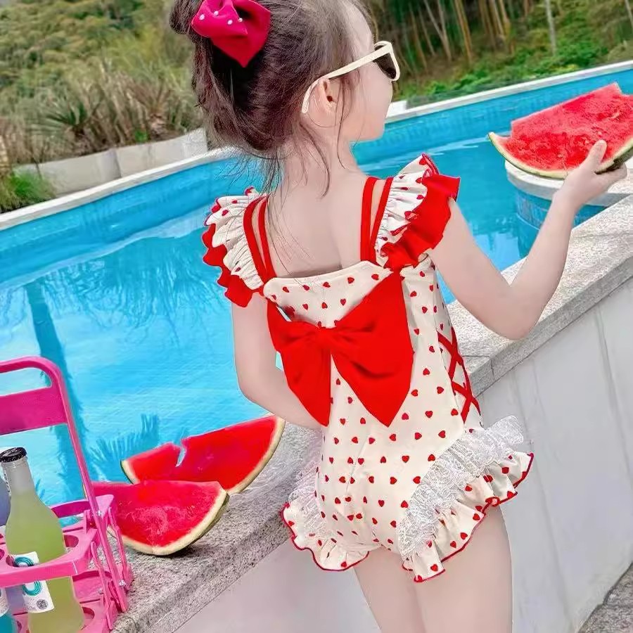 女童连体泳衣蝴蝶结甜美爱心