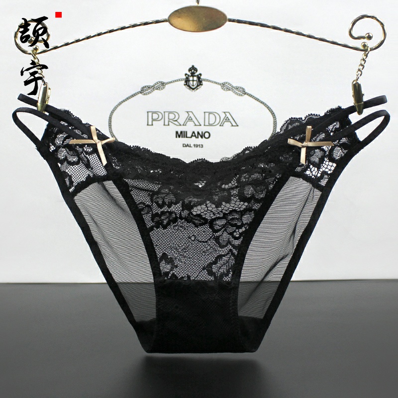 欧美奢华透明蕾丝内裤高端女丁字裤三角火辣性感系带