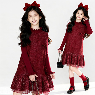 女童红色秋冬季 加厚保暖设计亮片洋气拜年服连衣裙两件套 2025新款