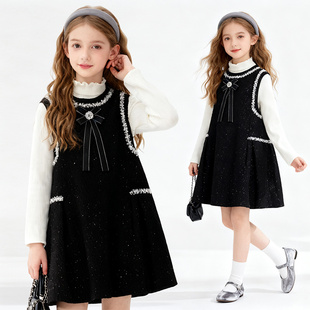 裙子两件套潮 小香风蝴蝶结打底衣时尚 女童连衣裙秋冬季 2025年新款