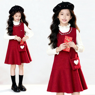 红色新年喜庆打底衣裙子两件套潮 时尚 女童连衣裙秋冬季 2025年新款