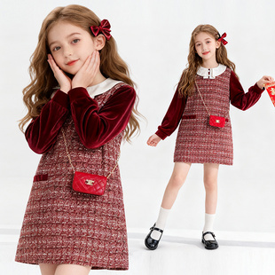 女童连衣裙秋冬季 娃娃领小香风打底甜美新年裙子两件套 2025年新款