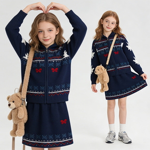 加厚保暖费尔岛连帽毛衣时尚 新款 半身裙两件套潮 套装 女童2025冬季