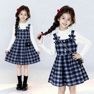 蝴蝶结格子保暖洋气加厚甜美连衣裙两件套 时尚 女童秋冬季 2025新款