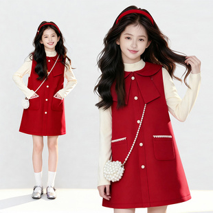蝴蝶结时尚 2025年新款 加厚小香风连衣裙两件套 红色秋冬季 女童韩版