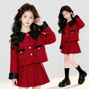 女童加厚套装 裙子2025秋冬红色小香风翻领外套保暖新年裙子拜年服