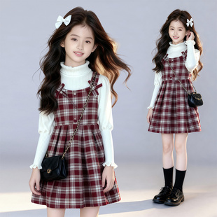 格子蝴蝶结红色拜年服时尚 洋气保暖套装 连衣裙 2025新款 女童秋冬季