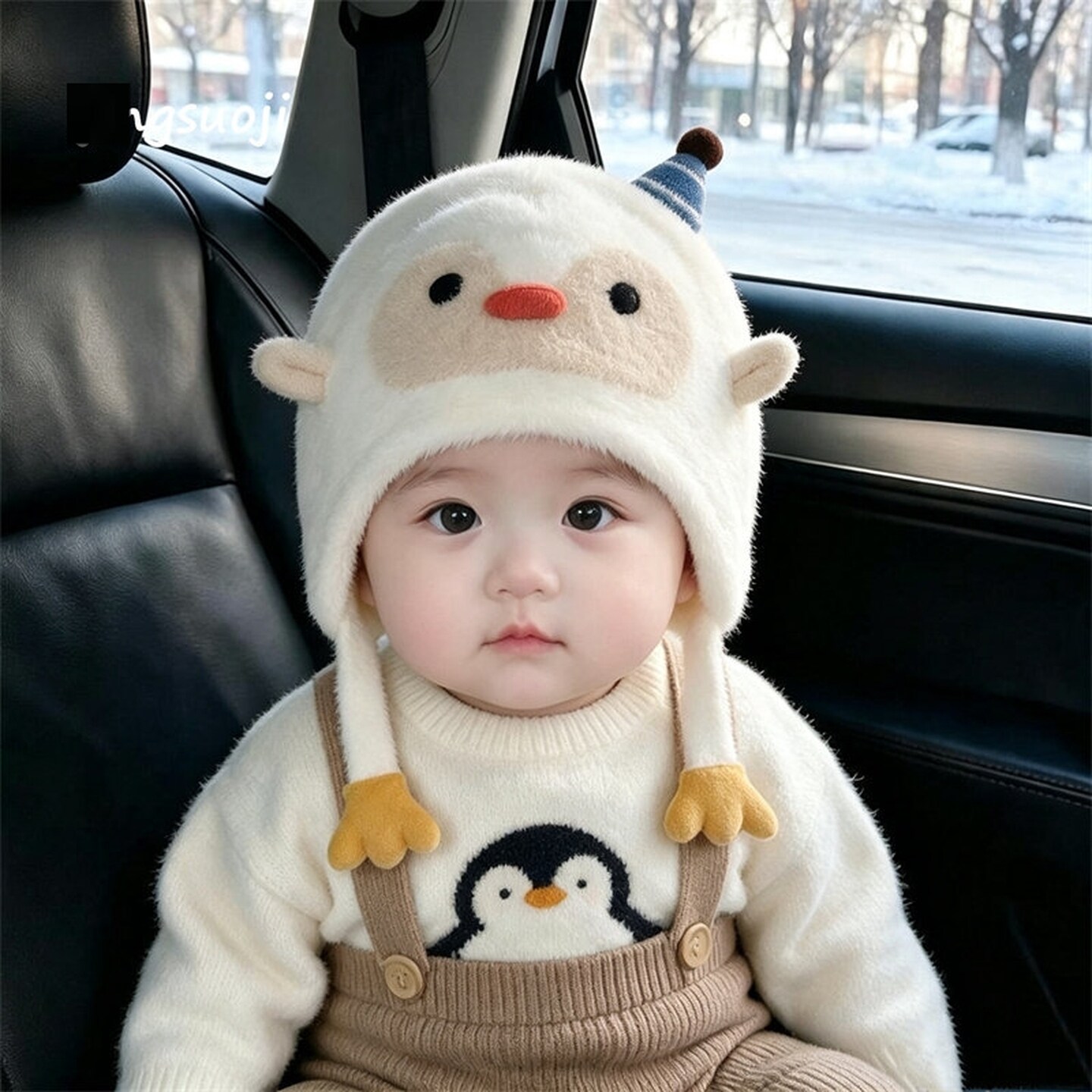 儿童防风帽子秋冬护耳帽毛线帽可爱企鹅毛绒加厚男童女婴幼儿保暖