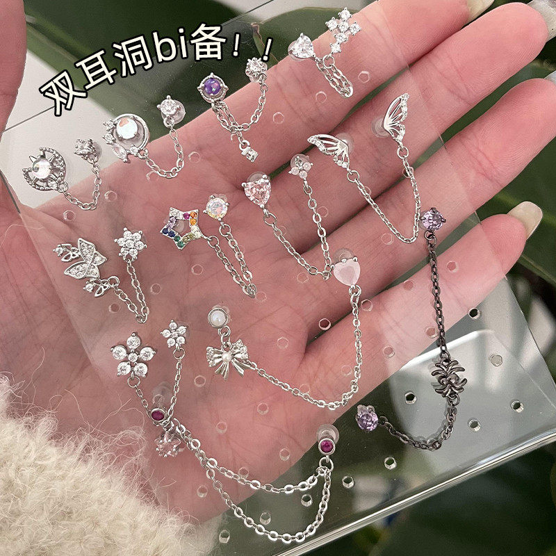 耳链双耳洞钛钢耳骨钉耳链双耳洞链条耳钉钛合金耳环耳饰
