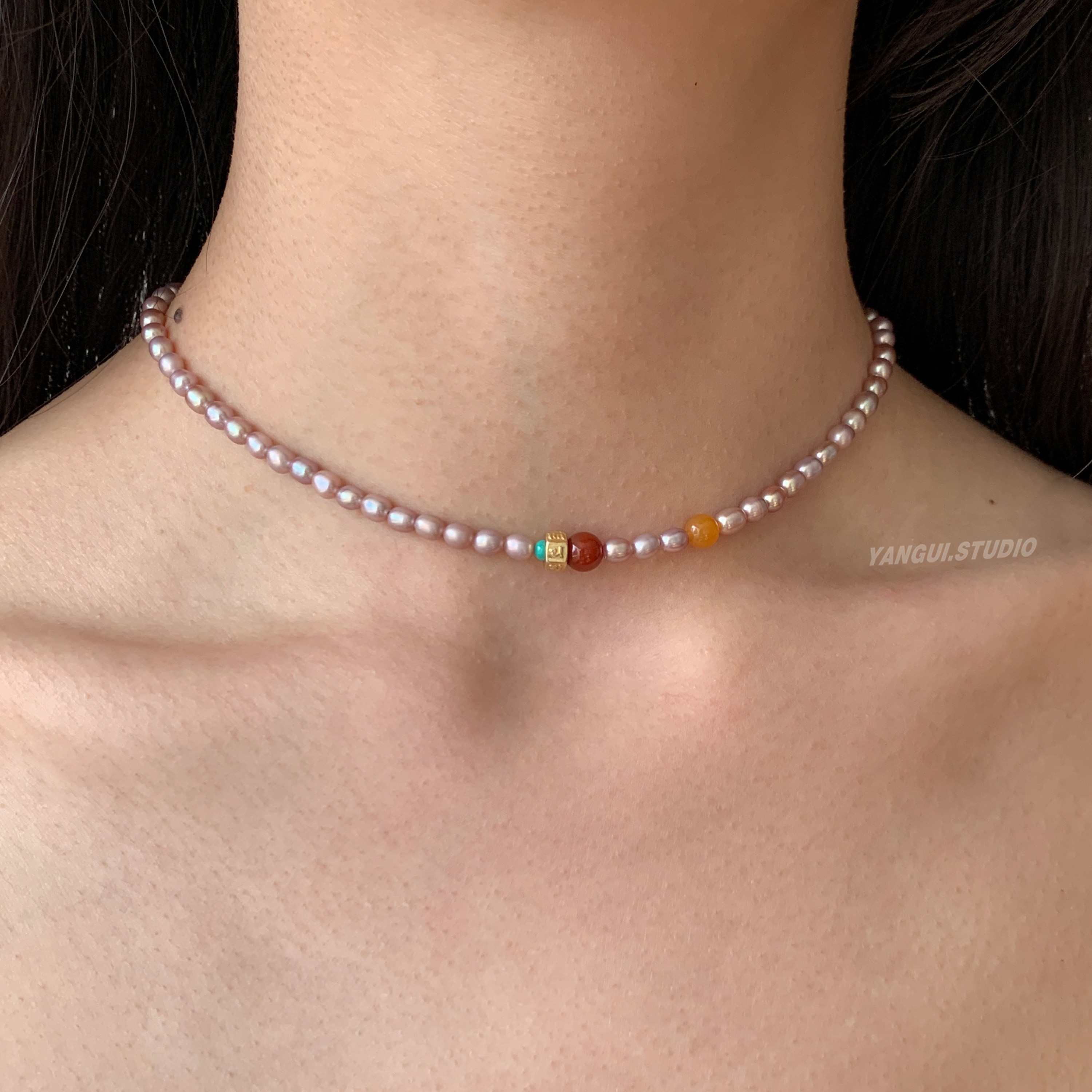 Yangui原创「粉韵珍珠」国风流行时尚天然珍珠锁骨链轻奢重工项链