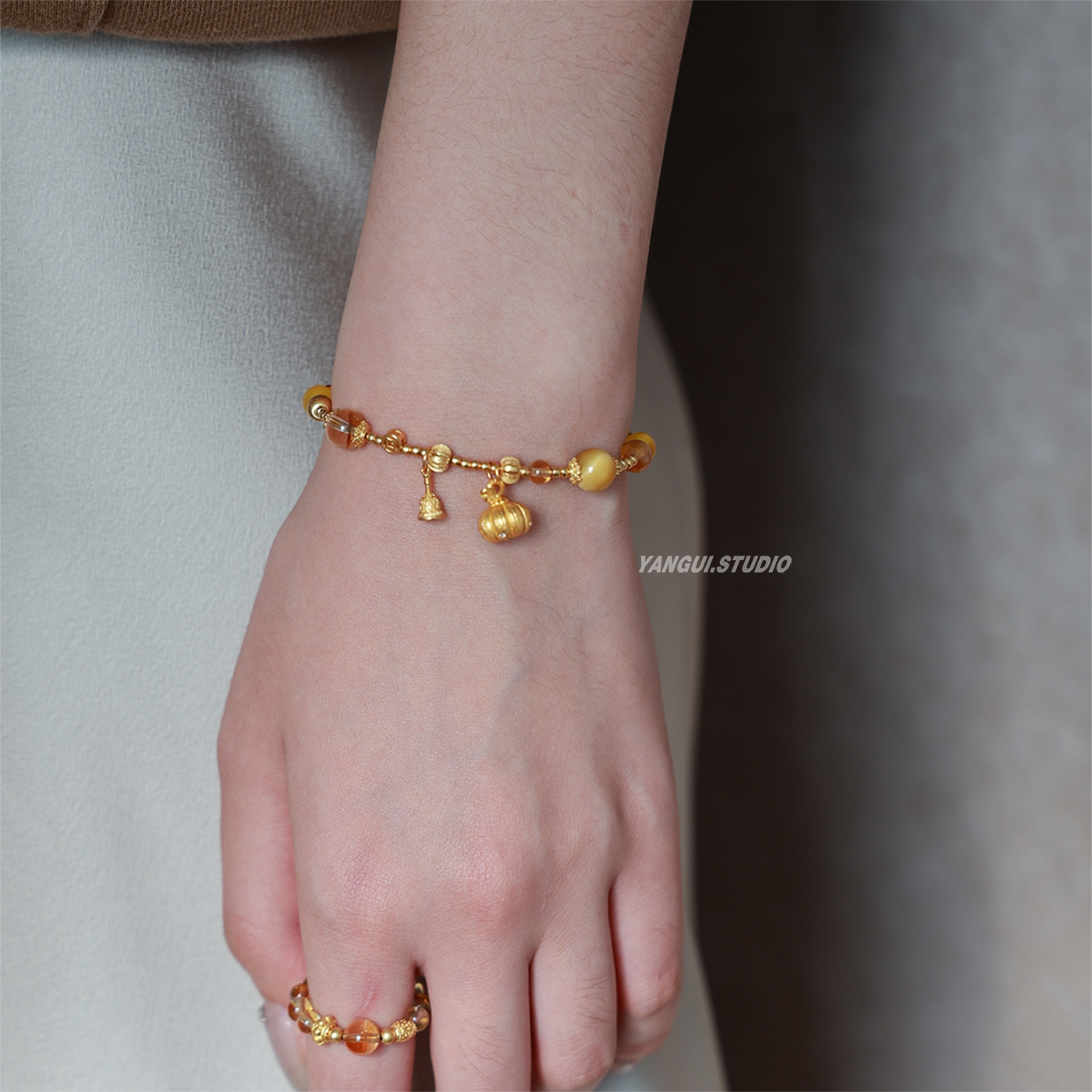 Yangui原创「南方有意」国风新中式虎眼石黄塔晶纯银主坠百搭手链