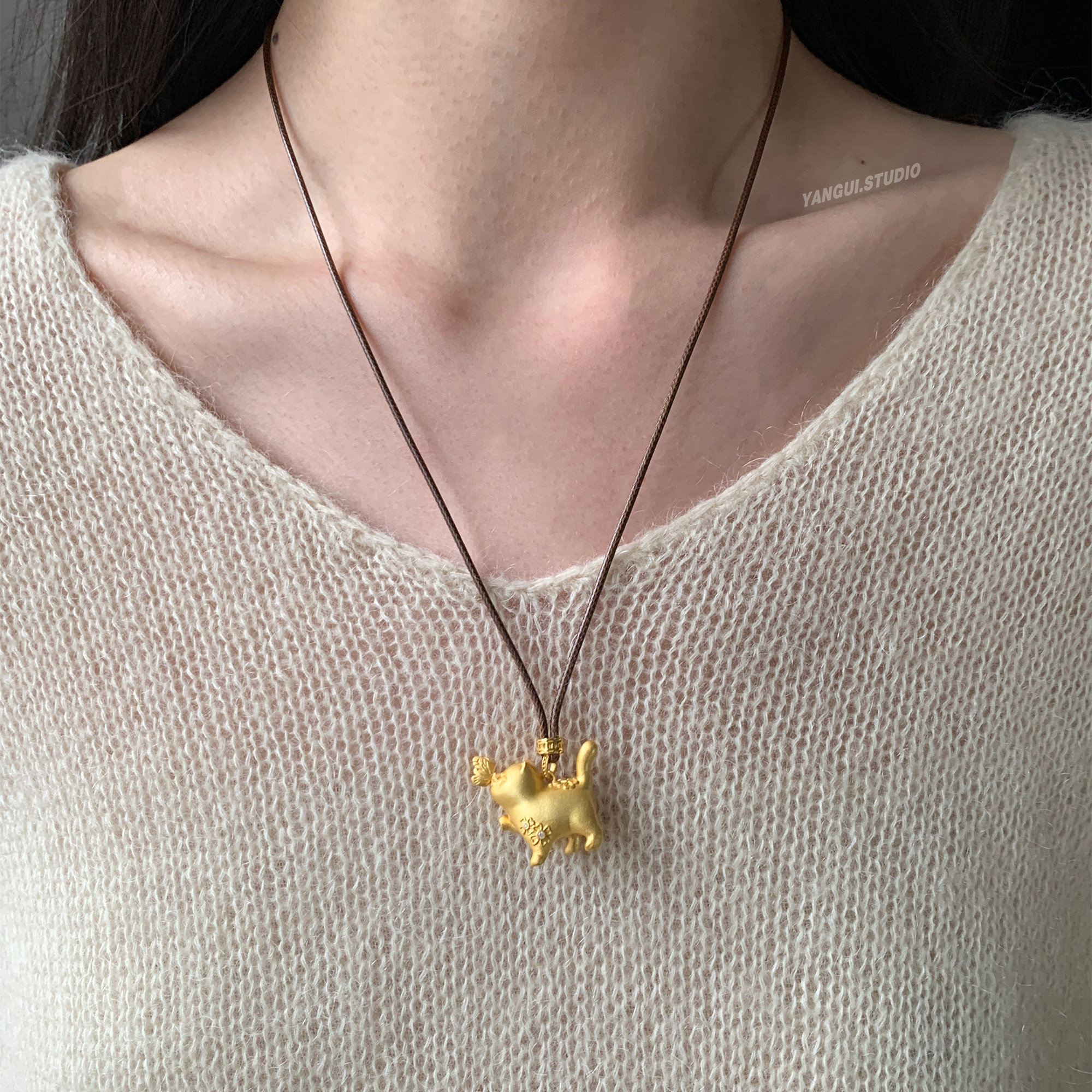 Yangui燕归「金色小蝴蝶小猫」国风新中式描金足银999.9编绳项链,饰品/流行首饰/时尚饰品新,项链,淘宝优惠券,粉丝福利购,淘宝优惠卷