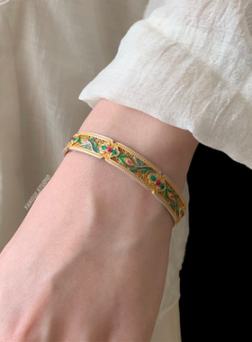 燕归金朱雀珐琅彩足银重工手镯