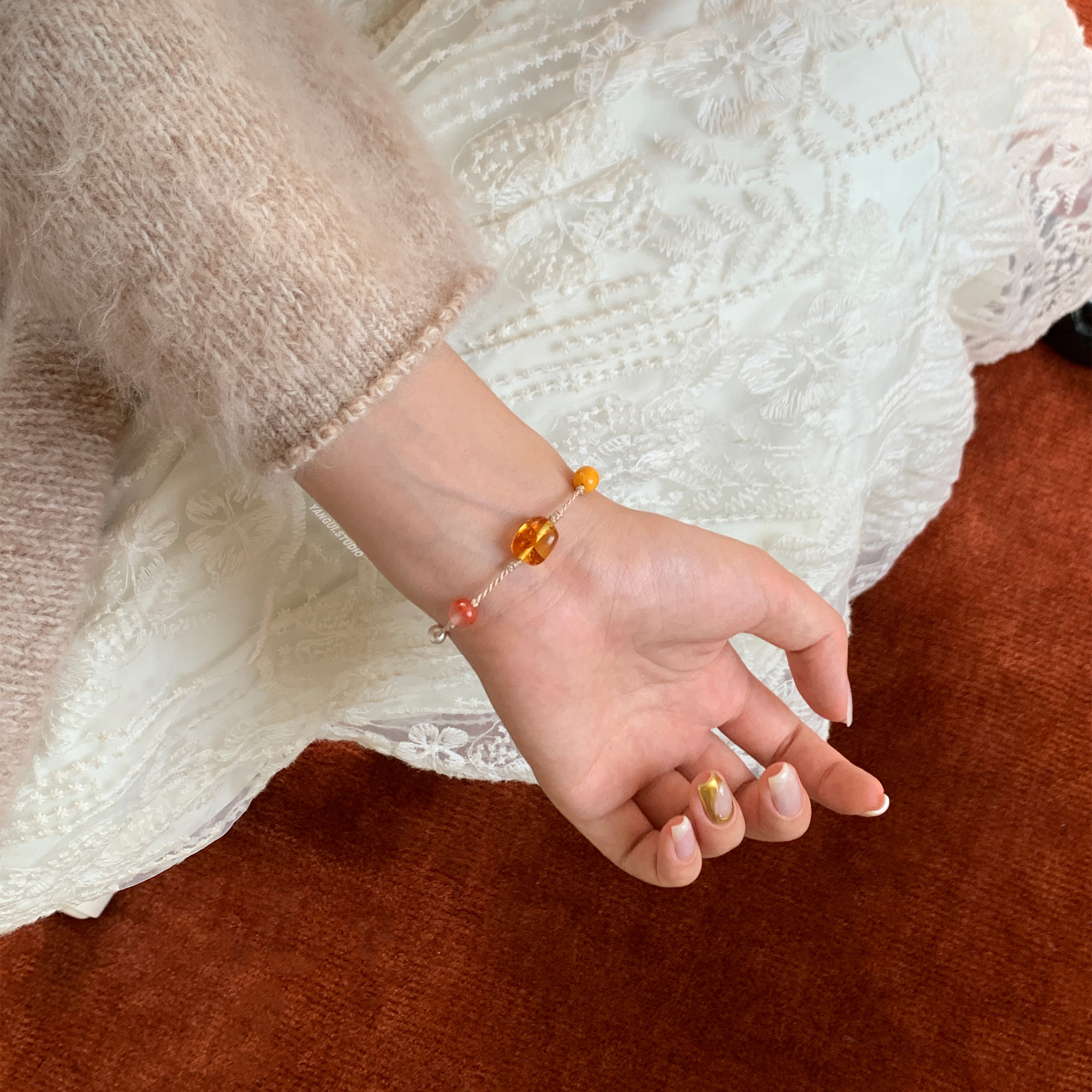 Yangui原创「蜜蜡多宝」国风新中式蜜蜡南红粉水晶黄玉编绳手链女