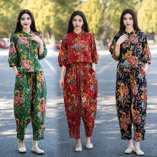 2023女新款东北大花套装大花布衣服民族风跳舞秧歌服复古国潮女装