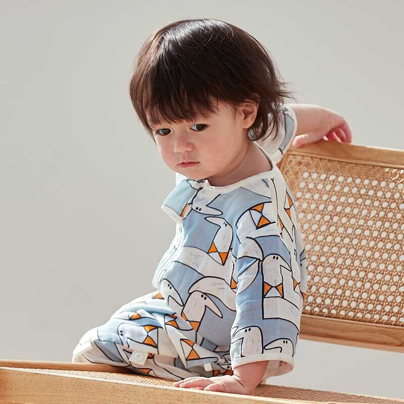 新款婴儿睡袋春秋宝宝睡袋新生儿竹棉纱布分腿睡袋儿童防踢被蓝鸽