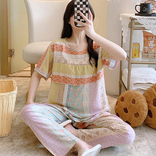 民族风绵绸睡衣套装女士夏套头短袖家居服套头棉绸薄款少女人造棉