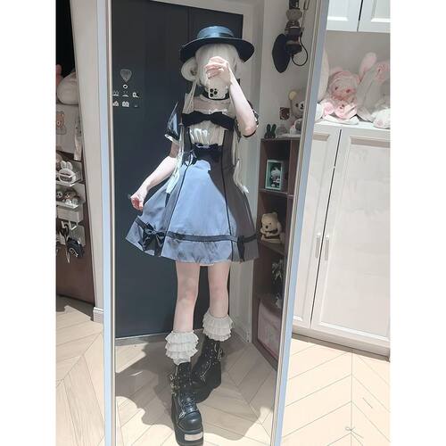 Y雾面芭蕾日系轻lo撞色拼接连衣裙蝴蝶结收腰doll感可爱小洋装
