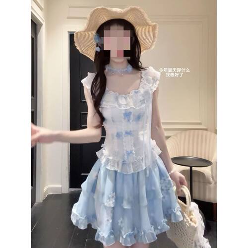 蓝屿花园 甜美风法式小飞袖上衣+蓬蓬短裙女夏季新款显瘦两件套