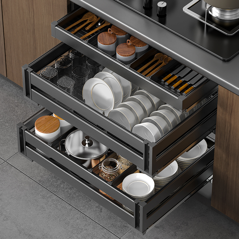 万克龙厨房橱柜铝合金小尺寸碗碟篮窄柜三层抽拉式收纳架调味篮