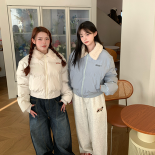 GTGA 2024冬季拼接羊羔毛翻领棉服女加厚保暖短款显瘦棉衣外套潮