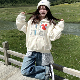 GTGA自制复古波点字母烫钻印花抽绳连帽开衫 卫衣外套男女宽松休闲