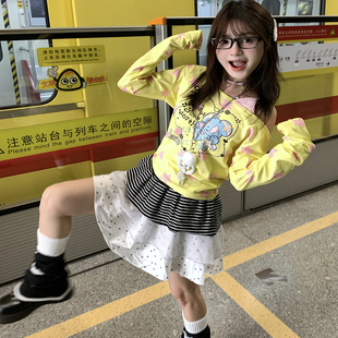 新款 T恤秋季 轻亚风绑带露肩甜美风上衣 星星满印卡通印花长袖 GTGA