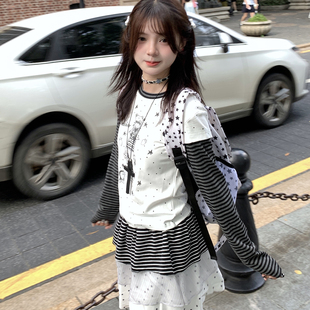 GTGA设计感亚文化条纹拼接假两件长袖 百搭打底 t恤卡通印花秋新款