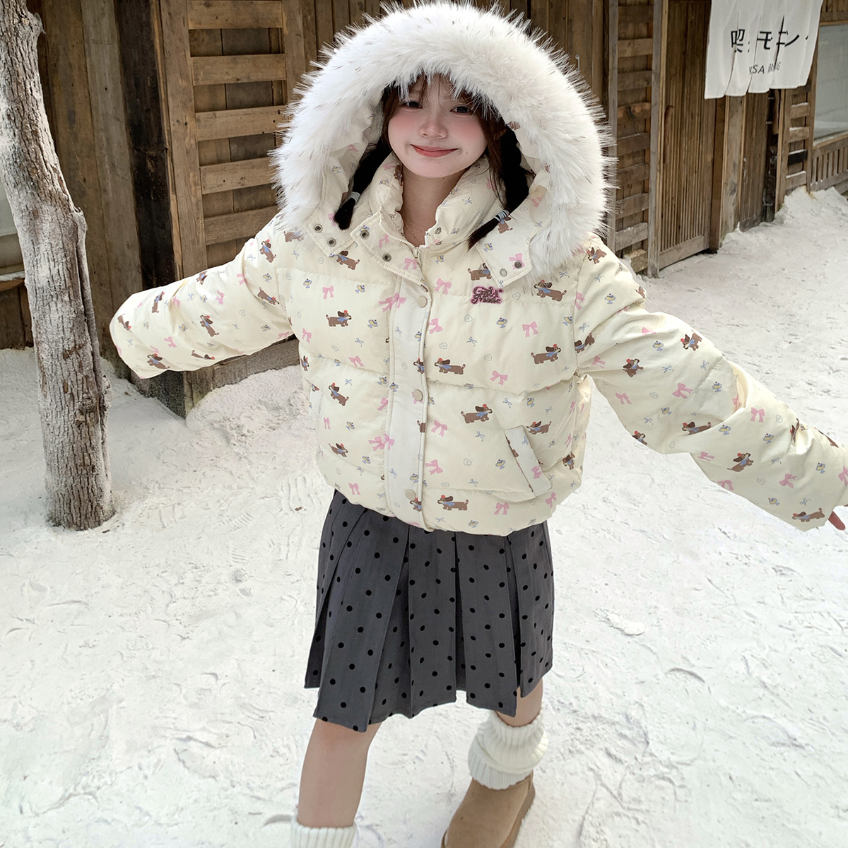 GTGA自制卡通印花毛领连帽羽绒服女冬季新款宽松百搭立领保暖外套