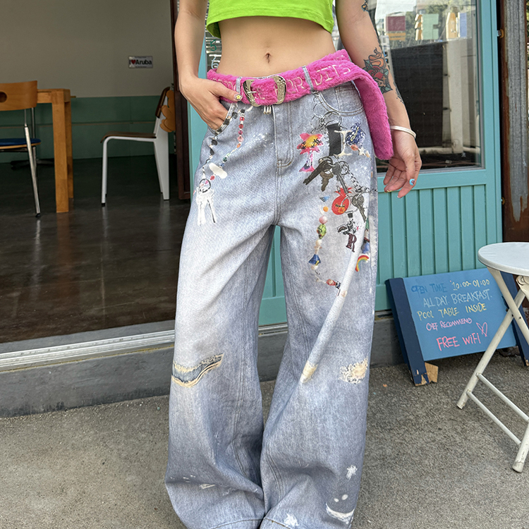 GTGA美式复古小设计感挂饰3D打印牛仔裤女夏嘻哈满印阔腿长裤子潮