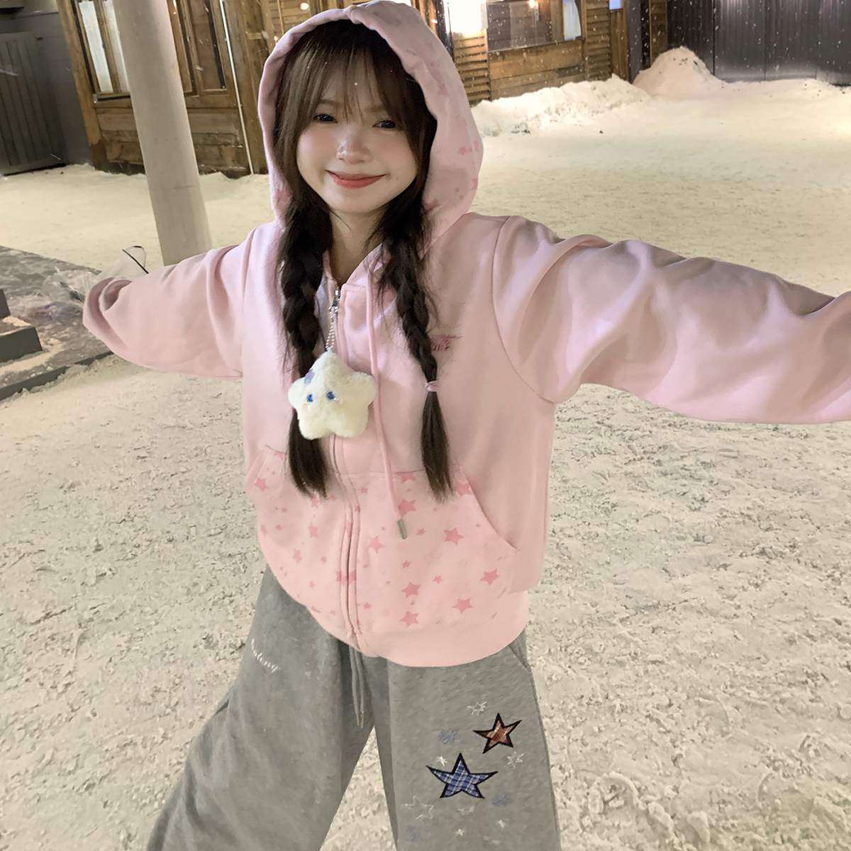 GTGA美式复古星星满印连帽卫衣男女秋冬宽松百搭拉链开衫外套上衣