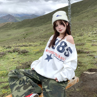 复古星星字母印花斜肩卫衣女2025年早秋宽松辣妹长袖 GTGA美式 上衣