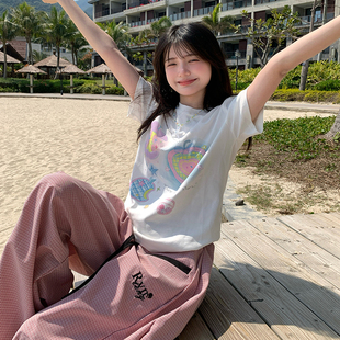 正肩百搭短袖 新款 上衣 街头几何印花宽松T恤男女2025夏季 GTGA美式