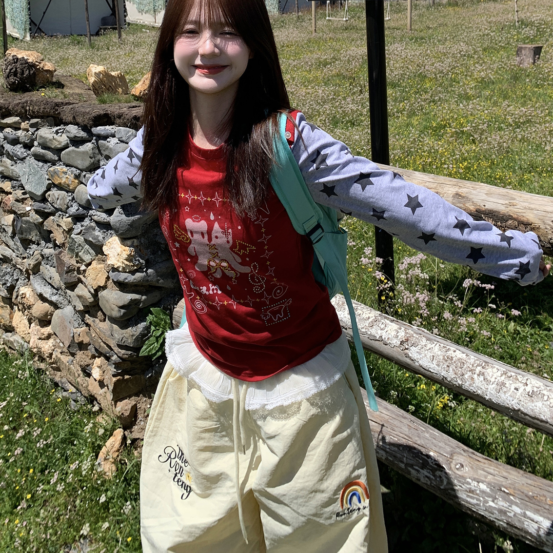 GTGA星星卡通小猫烫钻印花长袖T恤2025年早秋新款休闲打底上衣潮