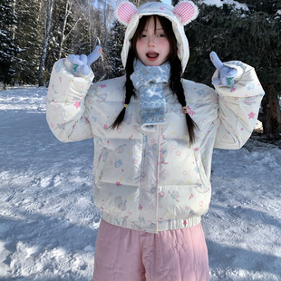 GTGA甜美小熊耳朵连帽短款 卡通印花宽松保暖加厚外套 羽绒服女冬季