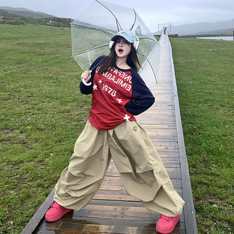 GTGA美式高街褶皱弯刀裤子女早秋季新款松紧腰宽松阔腿拖地休闲裤