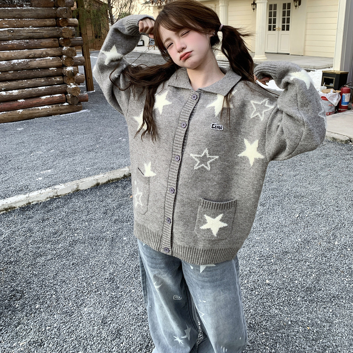 GTGA星星提花翻领毛衣外套男女秋冬新款慵懒风软糯针织衫开衫上衣,男装,针织衫/毛衣,淘宝优惠券,粉丝福利购,淘宝优惠卷