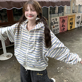 GTGA撞色条纹连帽开衫 拉链外套慵懒风宽松休闲上衣 卫衣女秋冬新款