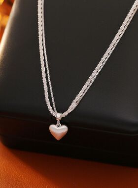 银色拉丝爱心吊坠双层项链优雅