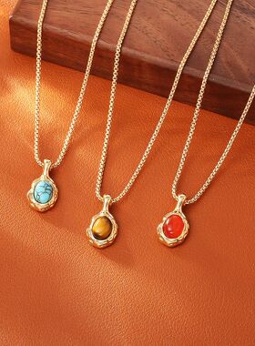 铜镀真金虎眼石蓝松石项链复古