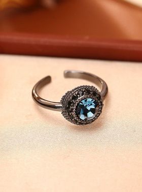 爆款墨蓝色锆石活口戒指高级感