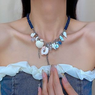 海边锁骨链颈链批发 度假风海岛甜美贝壳饰品蓝色项链串珠颈链夏季