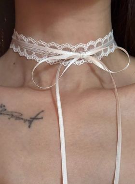 超仙白色蕾丝项圈少女蝴蝶结锁骨项链小众设计长款双层叠戴颈链