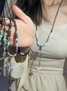 波西米亚陶瓷串珠蝴蝶项链女复古民族风编织绳锁骨链古风汉服配饰