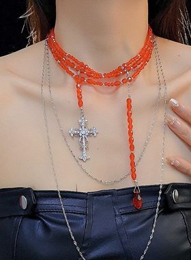 红色水晶多层十字架吊坠项链甜酷