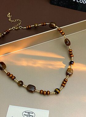 秋冬复古美拉德虎眼石项链新款