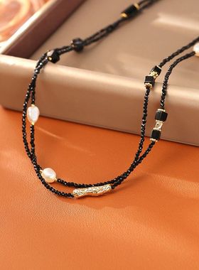 天然淡水珍珠黑色水晶项链高级